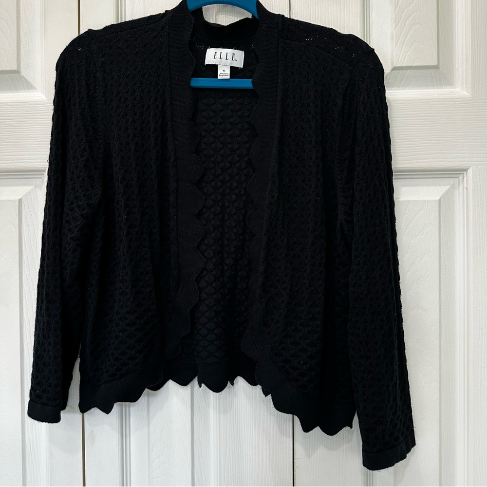 Elle Black Cardigan Sweater with Scalloped Hem